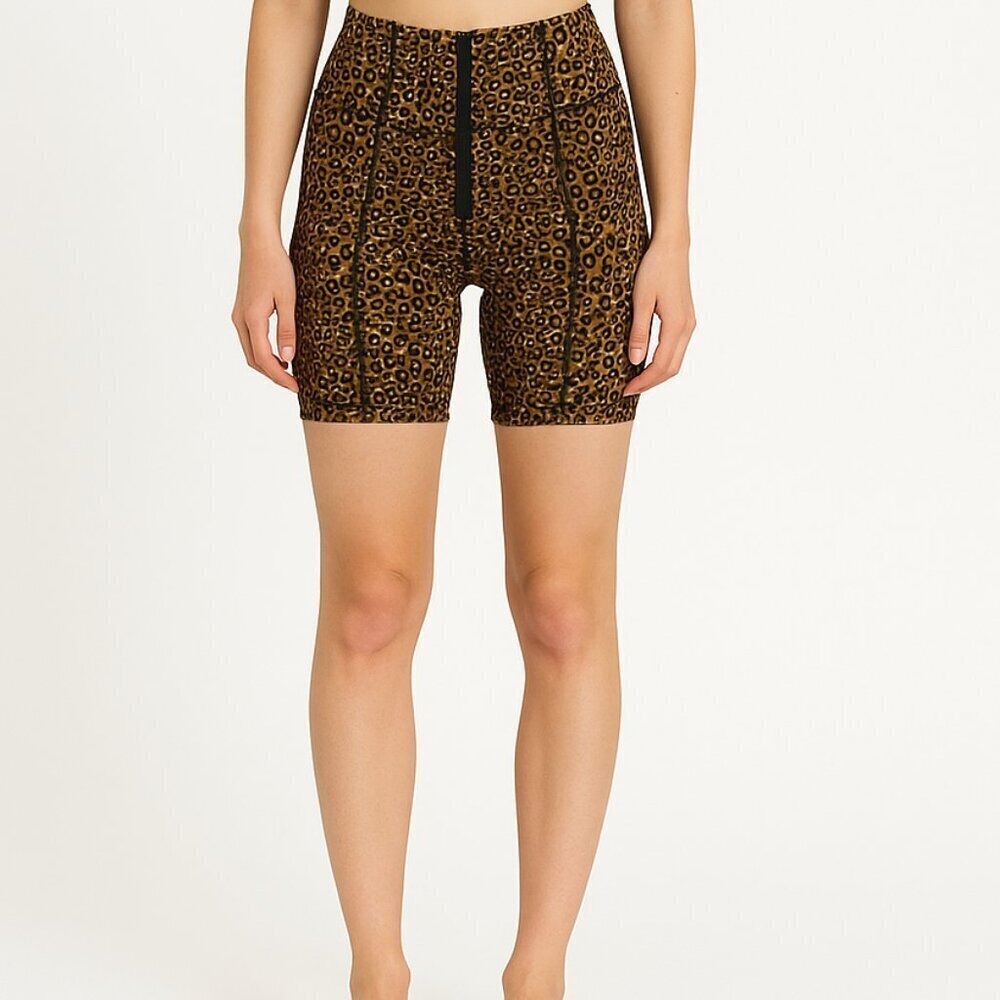 Free People Lucky Strike Leopard Print Biker Shorts XS High Rise Zip Front